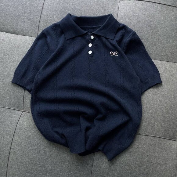 Tops - Navy Short Sleeve Knit Polo Shirt